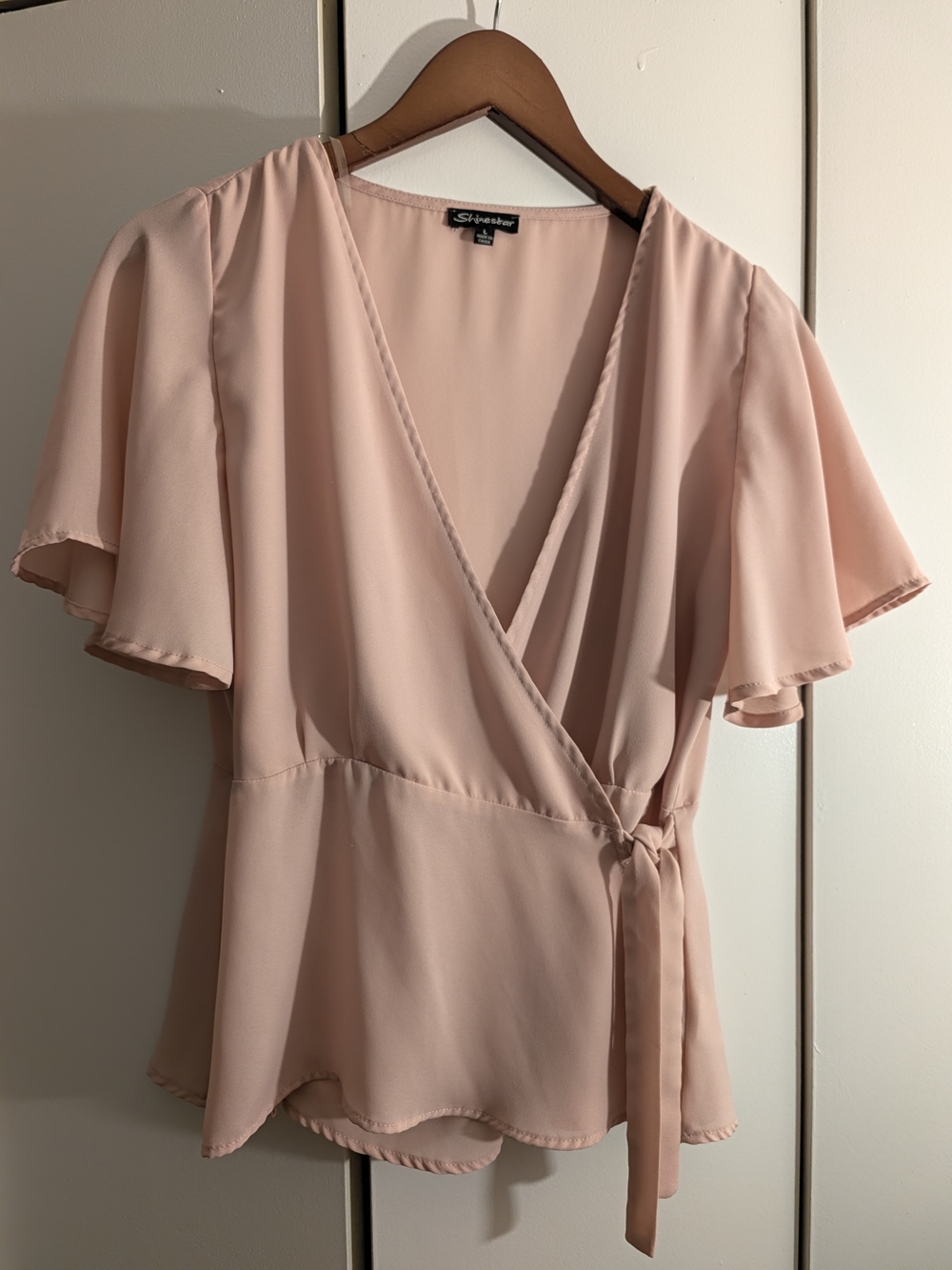 Shinestar Soft Pink Wrap Top with Flutter Sleeves